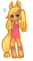 Size: 1500x2750 | Tagged: safe, artist:kronilix, applejack, anthro, g4, alternate hairstyle, apple, arm behind back, bandaid, boots, clothes, cute, dress, female, food, freckles, hair accessory, jackabetes, pigtails, scarf, shoes, shoulder freckles, simple background, solo, twintails, white background