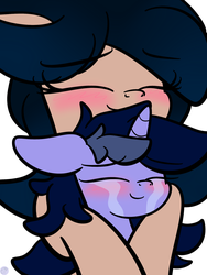 Size: 1536x2048 | Tagged: dead source, safe, artist:php142, oc, oc only, oc:crescend cinnamon, oc:purple flix, pony, blushing, crying, eyes closed, female, hug, male, shipping, simple background, smiling, tears of joy, teary eyes, white background