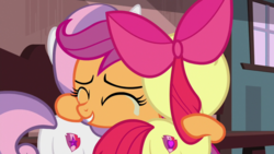 Size: 1920x1080 | Tagged: safe, screencap, apple bloom, scootaloo, sweetie belle, earth pony, pegasus, pony, unicorn, the last crusade, bloom butt, butt, crying, cutie mark, cutie mark crusaders, female, filly, group hug, hug, plot, sweetie butt, tears of joy, the cmc's cutie marks