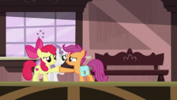 Size: 1920x1080 | Tagged: safe, screencap, apple bloom, scootaloo, sweetie belle, earth pony, pegasus, pony, unicorn, g4, the last crusade, cutie mark, cutie mark crusaders, female, filly, hoofbump, saddle bag, the cmc's cutie marks