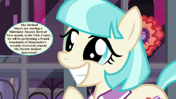 Size: 1280x720 | Tagged: safe, edit, edited screencap, editor:korora, screencap, coco pommel, pony, g4, made in manehattan, bow, bronybait, cocobetes, cute, hair bow, menander, speech, speech bubble, the grouch (play)