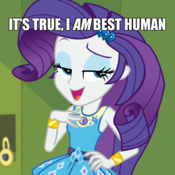 Size: 600x600 | Tagged: safe, edit, edited screencap, screencap, rarity, equestria girls, equestria girls specials, g4, my little pony equestria girls: better together, my little pony equestria girls: holidays unwrapped, best human, bracelet, canterlot high, caption, cropped, cute, eyeshadow, female, geode of shielding, hallway, image macro, jewelry, lidded eyes, lockers, magical geodes, makeup, meme, open mouth, raribetes, rarity peplum dress, smiling, solo, text