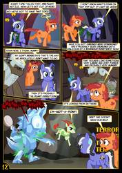 Size: 752x1063 | Tagged: safe, artist:christhes, oc, oc only, oc:gracenote, oc:maple leaf, earth pony, pony, unicorn, brush, butt, collar, comic, female, jabba's palace, mare, oola, peril, plot, rancor pit, spike's statue, star mares, star wars, topi