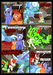 Size: 752x1063 | Tagged: safe, artist:christhes, oc, oc only, oc:gracenote, oc:jade mare, oc:maple leaf, changeling, earth pony, pony, unicorn, brush, collar, comic, disguise, disguised changeling, female, jabba's palace, mare, oola, peril, rancor pit, spike's statue, star mares, star wars, topi