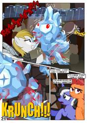 Size: 752x1063 | Tagged: safe, artist:christhes, oc, oc:gracenote, oc:maple leaf, earth pony, pegasus, pony, unicorn, broken, comic, dead, death, female, jabba's palace, luke skywalker, mare, peril, ponified, rancor pit, shattered, spike's statue, star mares, star wars, wide eyes, x eyes