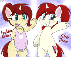 Size: 3348x2680 | Tagged: safe, artist:an-tonio, oc, oc only, oc:golden brooch, oc:silver draw, pony, unicorn, g4.5, my little pony: pony life, apron, bipedal, clothes, duo, eye clipping through hair, featureless crotch, female, freckles, high res, housewife, lipstick, mare, mother and daughter, naked apron, red lipstick, unshorn fetlocks, waving