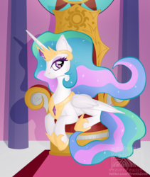 Size: 1159x1374 | Tagged: safe, artist:virenth, princess celestia, alicorn, pony, g4, female, jewelry, looking at you, prone, regalia, solo, throne, throne room, watermark