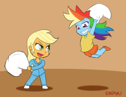 Size: 1000x767 | Tagged: safe, artist:empyu, applejack, rainbow dash, equestria girls, g4, 45 minute art challenge, chibi, clothes, duo, female, open mouth, pajamas, pants, pillow, pillow fight, shorts