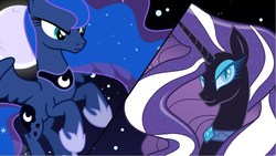 Size: 1280x720 | Tagged: safe, artist:magpie-pony, nightmare rarity, princess luna, alicorn, pony, unicorn, g4, female, flying, looking down, mare, moon, night, night sky, sky, thumbnail, youtube link
