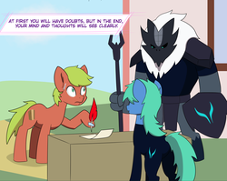Size: 3535x2815 | Tagged: safe, artist:chedx, earth pony, pony, storm creature, comic:kingdom fall, alternate history, alternate timeline, clothes, cropped, enlistment, high res, paper, parallel universe, signed, stare, storm army, storm guard, sweat, uniform
