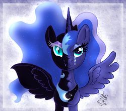 Size: 1024x906 | Tagged: safe, artist:joakaha, nightmare moon, princess luna, alicorn, pony, g4, crying, duality, signature, spread wings, wings