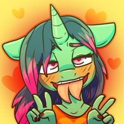 Size: 2000x2000 | Tagged: safe, artist:sexygoatgod, oc, oc only, oc:kasumi, unicorn, anthro, abstract background, ahegao, bifurcated tongue, blushing, clothes, double peace sign, eyes rolling back, femboy, heart, heart eyes, high res, horn, male, nail polish, open mouth, peace sign, solo, tongue out, unicorn oc, wingding eyes