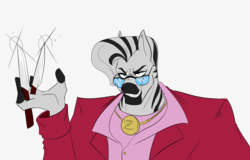 Size: 3221x2058 | Tagged: safe, artist:freehdmcgee, zeb, zebra, anthro, series:getter robo exo, antagonist, clothes, colored, dress shirt, evil grin, finger hooves, flat colors, grin, high res, jacket, jewelry, knife, male, necklace, redesign, simple background, smiling, solo, sunglasses, white background