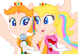 Size: 1156x804 | Tagged: safe, artist:cathylility, artist:wishythestar, equestria girls, g4, my little pony equestria girls: rainbow rocks, barely eqg related, base used, clothes, crossover, crown, equestria girls-ified, gloves, jewelry, microphone, multicolored hair, nintendo, ponied up, pony ears, princess daisy, princess peach, rainbow hair, rainbow power, rainbow power-ified, regalia, singing, super mario bros., wings