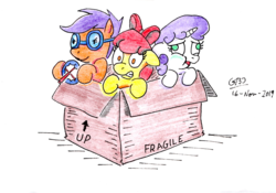 Size: 2472x1728 | Tagged: safe, artist:gafelpoez, apple bloom, scootaloo, sweetie belle, earth pony, pegasus, pony, unicorn, g4, bow, box, cutie mark crusaders, female, filly, hair bow, pony in a box