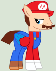 Size: 1268x1612 | Tagged: safe, artist:pegasski, artist:twidashfan1234, pegasus, pony, g4, base used, cap, clothes, crossover, gloves, hat, long sleeved shirt, long sleeves, male, mario, mario's hat, nintendo, overalls, ponified, shirt, shoes, solo, super mario bros., undershirt