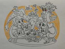 Size: 960x720 | Tagged: safe, artist:lunayan11, cheese sandwich, discord, fluttershy, pinkie pie, earth pony, pony, g4, cup, female, male, ship:cheesepie, shipping, straight, teacup, teapot, traditional art