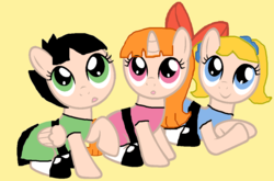 Size: 1034x682 | Tagged: safe, artist:equine-bases, artist:twidashfan1234, earth pony, pegasus, pony, unicorn, base used, blossom (powerpuff girls), bow, bubbles (powerpuff girls), buttercup (powerpuff girls), cartoon network, clothes, crossover, cute, dress, hair bow, leggings, pigtails, ponified, powerpuff girls 2016, shoes, sitting, the powerpuff girls, trio