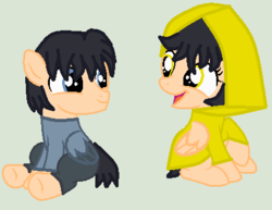 Size: 420x325 | Tagged: safe, artist:adamsadopts, artist:twidashfan1234, pegasus, pony, base used, clothes, crossover, female, filly, little nightmares, raincoat, six (little nightmares), the runaway kid