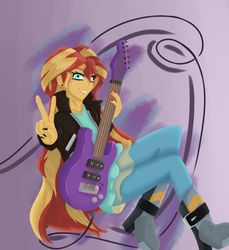 Size: 1024x1116 | Tagged: safe, artist:midnight-note, sunset shimmer, equestria girls, g4, abstract background, electric guitar, female, guitar, musical instrument, peace sign, rock (music), smiling, solo, sunset shredder
