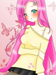 Size: 693x922 | Tagged: safe, artist:vjhh, fluttershy, butterfly, human, g4, blushing, clothes, cute, cutie mark on clothes, female, flower, flower in hair, humanized, miniskirt, moe, off shoulder, pantyhose, pleated skirt, shyabetes, skirt, solo