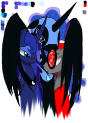 Size: 500x700 | Tagged: safe, artist:didun850, nightmare moon, princess luna, oc, oc:hyper active, alicorn, earth pony, pony, g4, bust, clothes, crying, ethereal mane, eyes closed, female, hug, male, mare, peytral, self ponidox, simple background, stallion, starry mane, sunglasses, white background, winghug