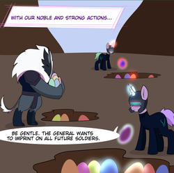 Size: 2505x2491 | Tagged: safe, artist:chedx, pony, unicorn, comic:kingdom fall, comic:the storm kingdom, alternate history, alternate universe, clothes, commission, dragon egg, dragon lands, egg, high res, indoctrinated, invasion, magic, nest, parallel universe, soldier pony, storm army, storm guard, uniform