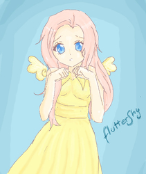 Size: 531x629 | Tagged: safe, artist:no-tobi, fluttershy, human, g4, blue background, clothes, colored pupils, cute, dress, female, humanized, shyabetes, simple background, solo, winged humanization, wings