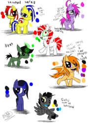 Size: 1000x1400 | Tagged: safe, artist:didun850, oc, oc only, oc:elude, oc:hazy sight, bat pony, earth pony, pegasus, pony, unicorn, bat pony oc, colt, earth pony oc, eye clipping through hair, female, filly, glowing horn, horn, male, messy mane, pegasus oc, simple background, smiling, transparent background, twins, unicorn oc, walking, wings