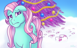Size: 1280x800 | Tagged: dead source, safe, artist:spunky-sparkle, minty, earth pony, pony, a very minty christmas, g3, bauble, broken, christmas, christmas tree, female, garland, holiday, little crackly pieces, oh minty minty minty, ornament, sad, scene interpretation, shattered, snow, solo, the here comes christmas candy cane, tree