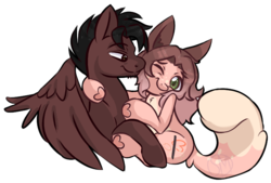 Size: 731x493 | Tagged: safe, artist:sinamuna, oc, oc only, oc:cinnamon fawn, oc:sovereign ashes, chinchilla, earth pony, hybrid, pegasus, pony, big ears, black hair, boyfriend and girlfriend, brown eyes, brown fur, brown hair, couple, cuddling, cute, cutie mark, eye contact, facial hair, female, fluffy, fluffy hair, fluffy tail, goatee, gradient mane, green eyes, hazel eyes, hoof heart, hug, looking at each other, male, mare, nuzzling, one eye closed, original, pale belly, pink fur, pink hair, pony hybrid, simple background, smiling, stallion, stubble, transparent background, wings, wink