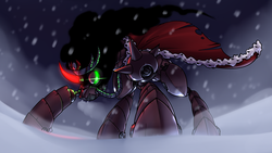 Size: 3840x2160 | Tagged: safe, artist:imskull, king sombra, pony, robot, robot pony, unicorn, g4, armor, cape, clothes, glowing horn, high res, hoof shoes, horn, male, snow, solo, sombra's cape, stallion