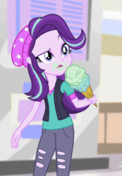 Size: 346x500 | Tagged: safe, screencap, starlight glimmer, equestria girls, equestria girls specials, g4, mirror magic, animated, beanie, clothes, cropped, cute, eating, female, food, gif, glimmerbetes, hat, ice cream, licking, messy eating, solo, that human sure does love ice cream, that pony sure does love ice cream, tongue out