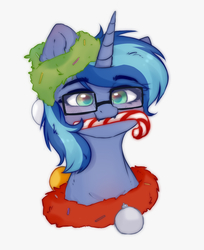 Size: 1350x1658 | Tagged: artist needed, safe, oc, oc only, oc:blue cola, pony, unicorn, blushing, candy, candy cane, christmas, food, glasses, holiday, looking at you, male, smiling, solo, stallion