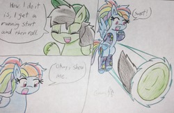 Size: 2356x1536 | Tagged: safe, artist:gmangamer25, rainbow dash, oc, oc:gamer blitz, pegasus, pony, g4, :o, ball, comic, crossover, dialogue, eyes closed, female, flying, male, mare, motion lines, open mouth, rolling, sonic the hedgehog, sonic the hedgehog (series), spin dash, stallion, traditional art, unshorn fetlocks