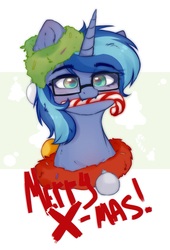 Size: 1350x1989 | Tagged: artist needed, safe, oc, oc only, oc:blue cola, pony, unicorn, blushing, candy, candy cane, christmas, food, glasses, holiday, looking at you, male, smiling, solo, stallion, text