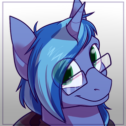 Size: 700x700 | Tagged: artist needed, safe, oc, oc only, oc:blue cola, pony, unicorn, bust, clothes, eye clipping through hair, glasses, hoodie, looking at you, male, smiling, solo, stallion