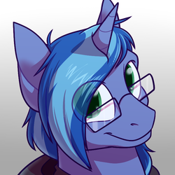 Size: 700x700 | Tagged: artist needed, safe, alternate version, oc, oc only, oc:blue cola, pony, unicorn, clothes, glasses, hoodie, looking at you, male, smiling, solo, stallion