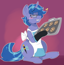 Size: 1485x1500 | Tagged: safe, artist:pixelyte, oc, oc only, oc:blue cola, pony, unicorn, apron, baking tray, blushing, chocolate chip cookie, clothes, cookie, cutie mark, eyes closed, food, glasses, male, naked apron, oven mitts, simple background, smiling, solo, stallion, sweat, ych result