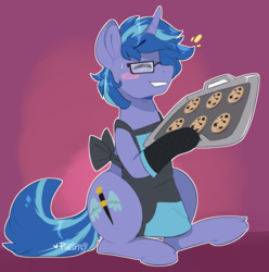Size: 1485x1500 | Tagged: safe, alternate version, artist:pixelyte, oc, oc only, oc:blue cola, pony, unicorn, apron, baking tray, blushing, chocolate chip cookie, clothes, cookie, cutie mark, eyes closed, food, glasses, male, naked apron, oven mitts, simple background, smiling, solo, stallion, sweat, ych result