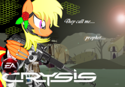 Size: 722x506 | Tagged: safe, artist:avchonline, oc, oc only, oc:sean, pegasus, pony, armor, crossover, crysis, ea, flower, flower in hair, gun, male, night, pegasus oc, solo, stallion, weapon, wings