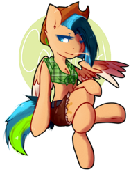 Size: 714x943 | Tagged: safe, artist:pomrawr, pegasus, pony, clothes, cowboy hat, crossed legs, hat, one eye closed, pants, simple background, solo, straw in mouth, transparent background, wink
