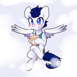 Size: 1000x1000 | Tagged: safe, artist:pomrawr, oc, oc only, pegasus, pony, blushing, clothes, jar, male, pegasus oc, simple background, smiling, snow, solo, spread wings, stallion, transparent background, wings