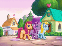 Size: 720x540 | Tagged: safe, screencap, heart bright, moondancer (g3), sparkleworks, star flight, wysteria, earth pony, pony, a very pony place, g3, two for the sky, animated, female, gif, incoming, mare, running