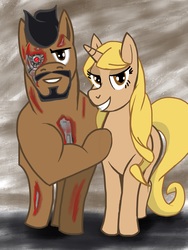 Size: 1536x2048 | Tagged: safe, artist:samoht-lion, pony, robot, unicorn, abstract background, beard, blood, duo, facial hair, female, mare, ponified, smiling, t-800, tara strong, terminator, tetsuo