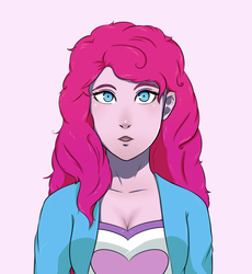 Size: 919x1000 | Tagged: safe, artist:guiltyp, pinkie pie, equestria girls, g4, female, fire emblem, pink background, simple background, solo, style emulation