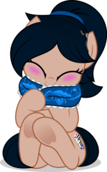 Size: 1024x1656 | Tagged: safe, artist:jhayarr23, oc, oc only, oc:crescend cinnamon, earth pony, pony, blushing, clothes, cozy, cute, daaaaaaaaaaaw, eyes closed, female, front view, mare, ocbetes, ponytail, scarf, show accurate, simple background, sitting, solo, transparent background, underhoof, vector