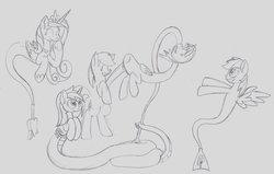 Size: 1280x814 | Tagged: safe, artist:airship-king, minuette, princess cadance, rainbow dash, oc, oc:diaphaneity, oc:parcly taxel, alicorn, earth pony, genie, genie pony, lamia, original species, pegasus, pony, unicorn, albumin flask, g4, alicorn oc, bipedal, birthday present, detachable head, female, geniefied, headless, horn, invisible, lamiafied, lineart, mare, modular, monochrome, pencil drawing, species swap, traditional art