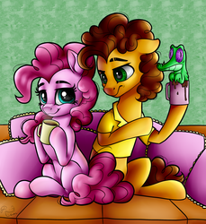Size: 3300x3600 | Tagged: safe, artist:fixielle, artist:rysunkowasucharia, cheese sandwich, gummy, pinkie pie, alligator, earth pony, pony, g4, clothes, coffee mug, collaboration, couch, female, floppy ears, high res, lidded eyes, looking at you, male, mug, ship:cheesepie, shipping, shirt, sitting, smiling, straight