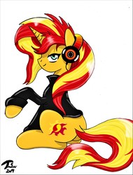 Size: 6535x8600 | Tagged: safe, artist:radiancebreaker, sunset shimmer, pony, unicorn, g4, absurd resolution, butt, clothes, female, headphones, jacket, mare, plot, simple background, solo, white background